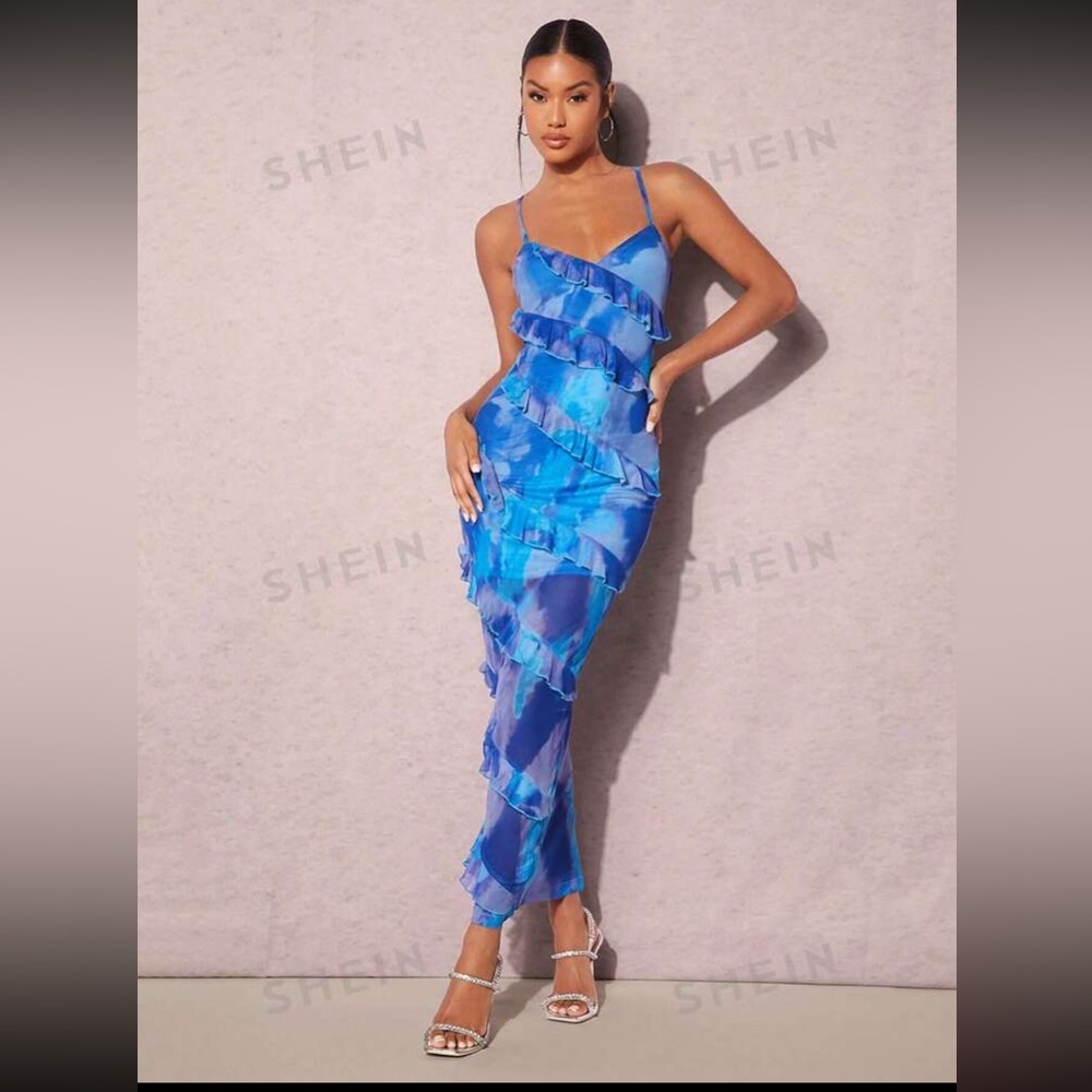 Tie Dye Lace Up Backless Layered Ruffle Trim Cami Bodycon Dress